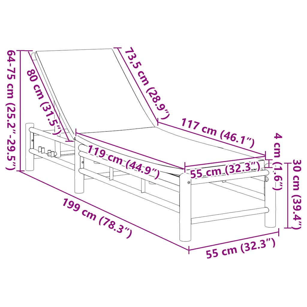 vidaXL Lettino Prendisole con Cuscini 55x199x30 cm in Bambù