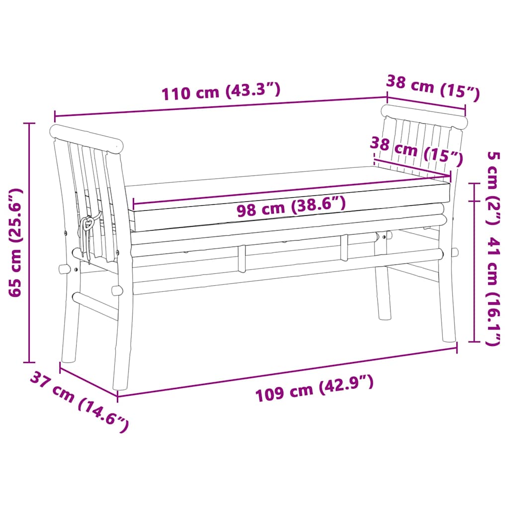 Panchina da giardino con cuscino Marrone 110 x 38 x 65cm Bambù 4108077