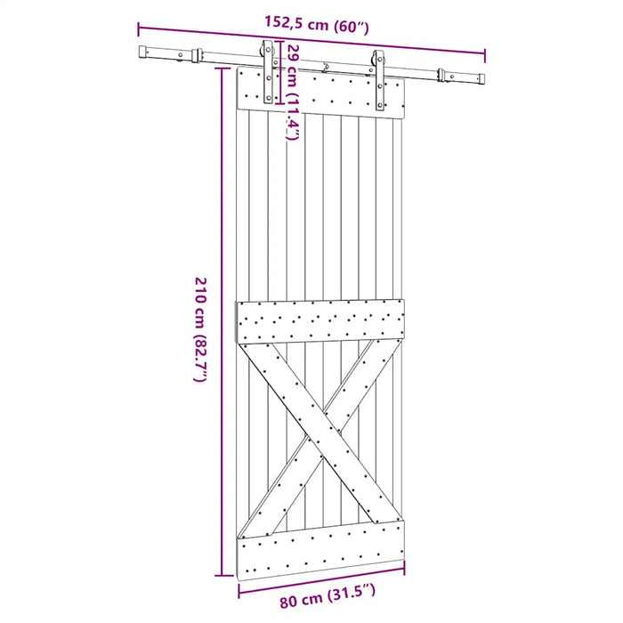 Porta Scorrevole con Set Hardware 80x210 cm Legno Massello Pino 3332749