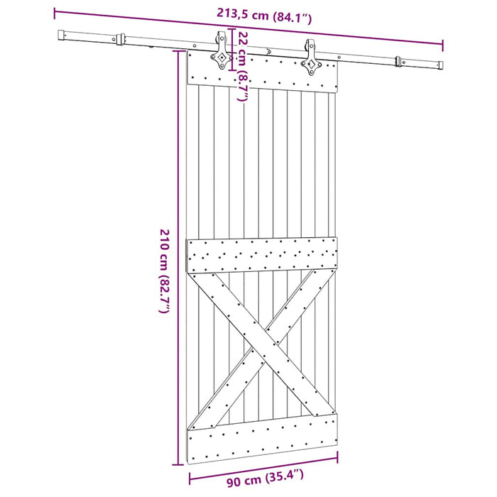 Porta Scorrevole con Set Hardware 90x210 cm Legno Massello Pino 3332781