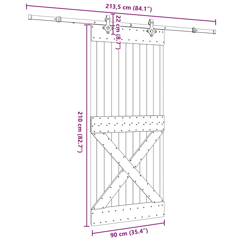 Porta Scorrevole con Set Hardware 90x210 cm Legno Massello Pino