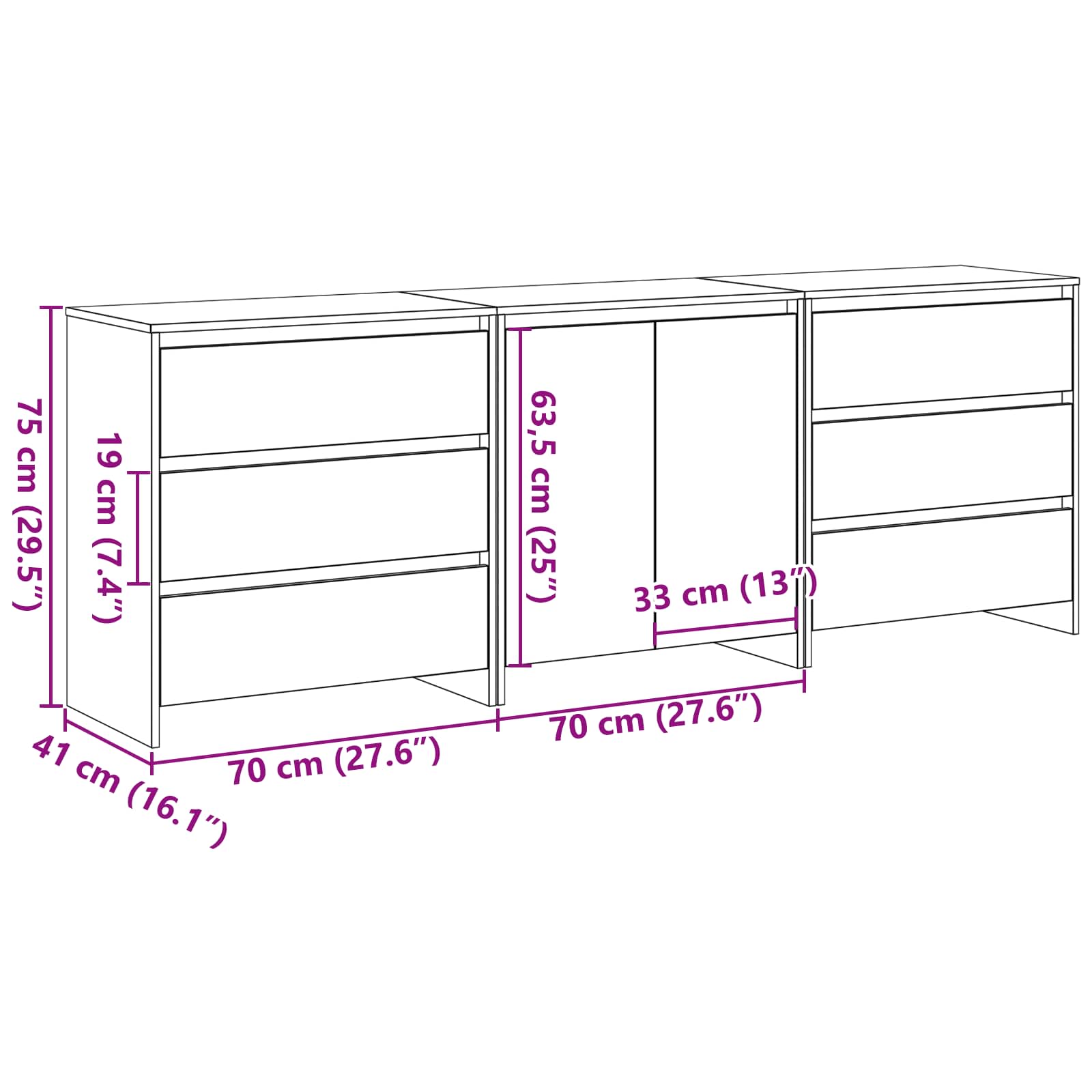 Credenza 3 pz-Set di 3 Buffet-Armadio da cucina Nero 70 x 41 x 75 cm Legno multistrato