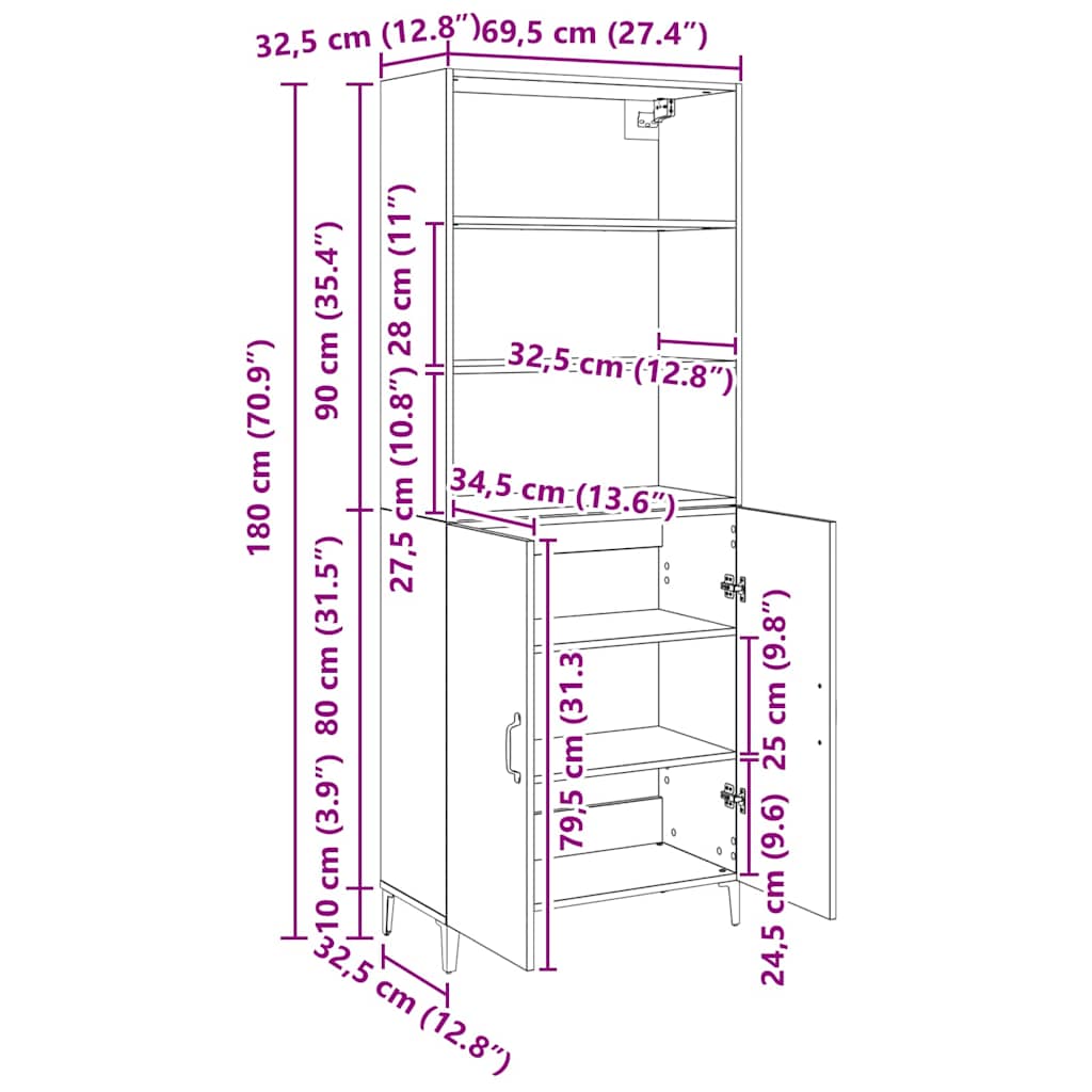 vidaXL Credenza Rovere nero 69.5 x 32.5 x 180 cm Legno multistrato
