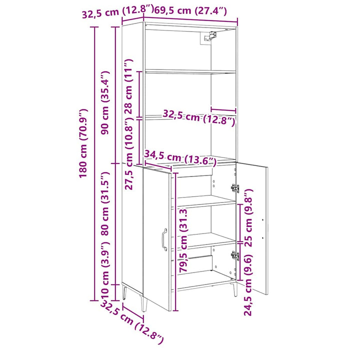 vidaXL Credenza Rovere nero 69.5 x 32.5 x 180 cm Legno multistrato