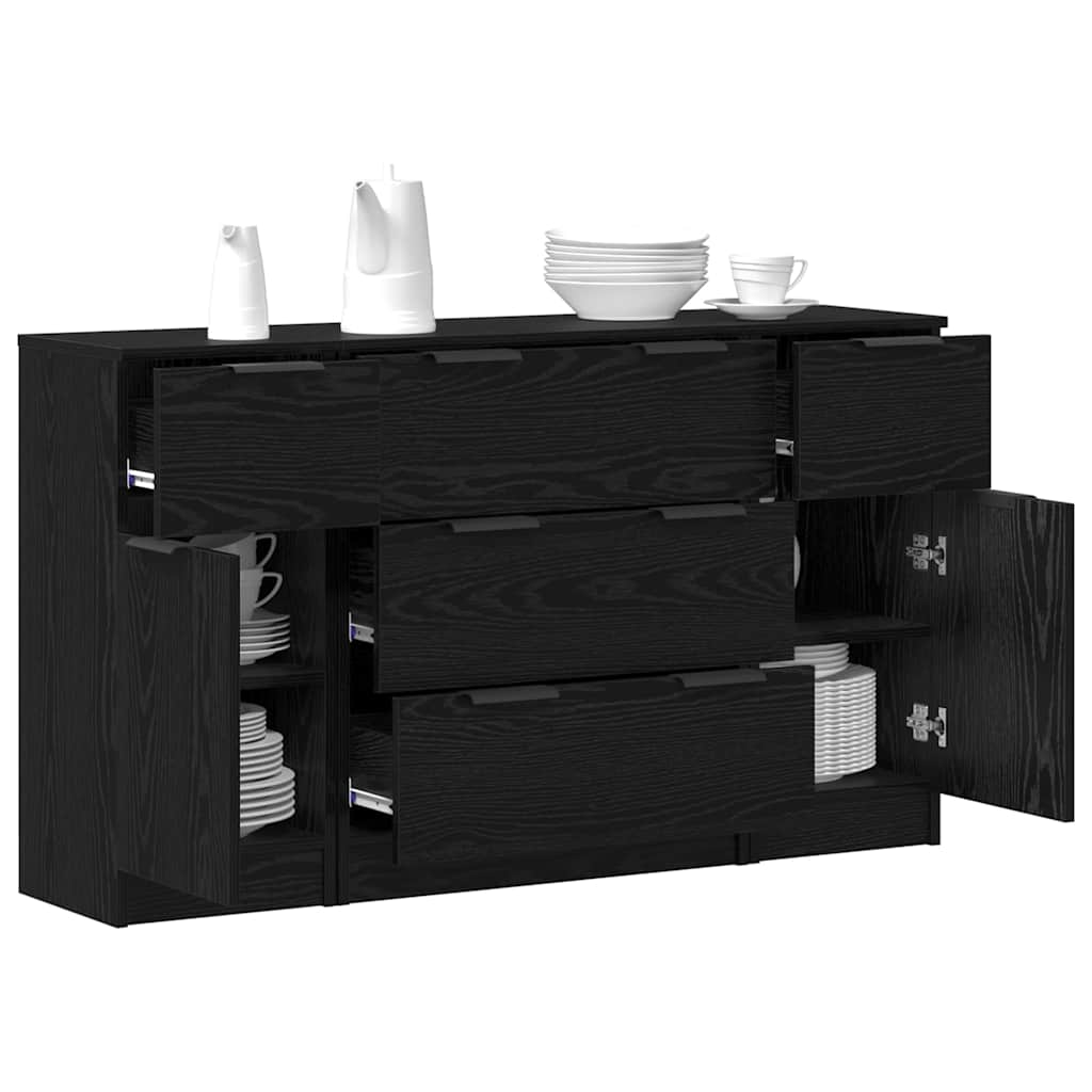 Credenza con cassetto 3 pz-Set di 3 Buffet-Armadio da cucina Rovere Nero Legno multistrato 130022