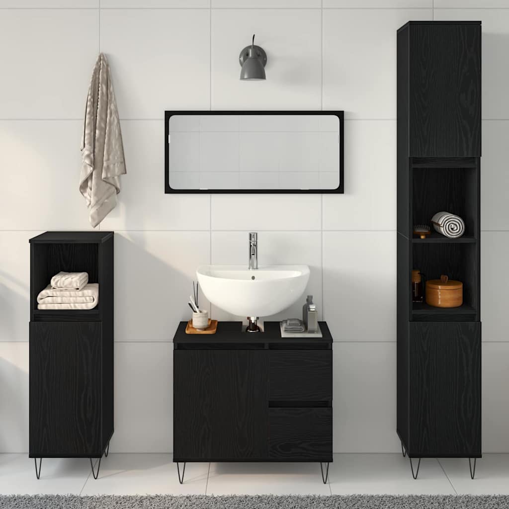 Set di Mobili da Bagno  in 3 Pezzi Rovere Nero Legno Ingegnerizzato 3333097