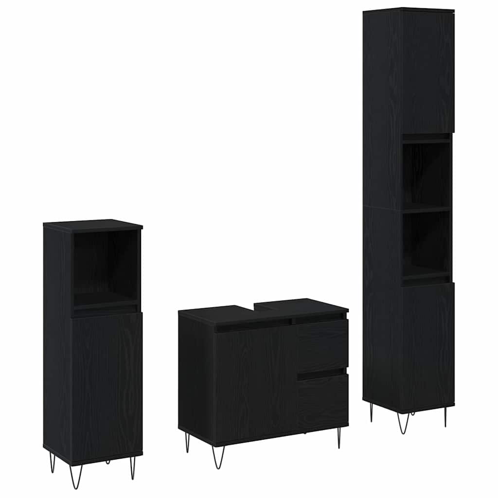 Set di Mobili da Bagno  in 3 Pezzi Rovere Nero Legno Ingegnerizzato 3333097