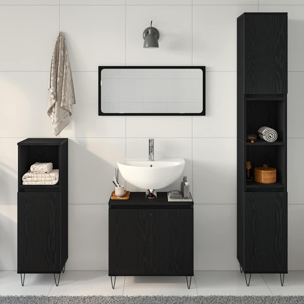 Set Mobili Bagno  3 Pezzi Rovere Nero Legno Ingegnerizzato 3333099