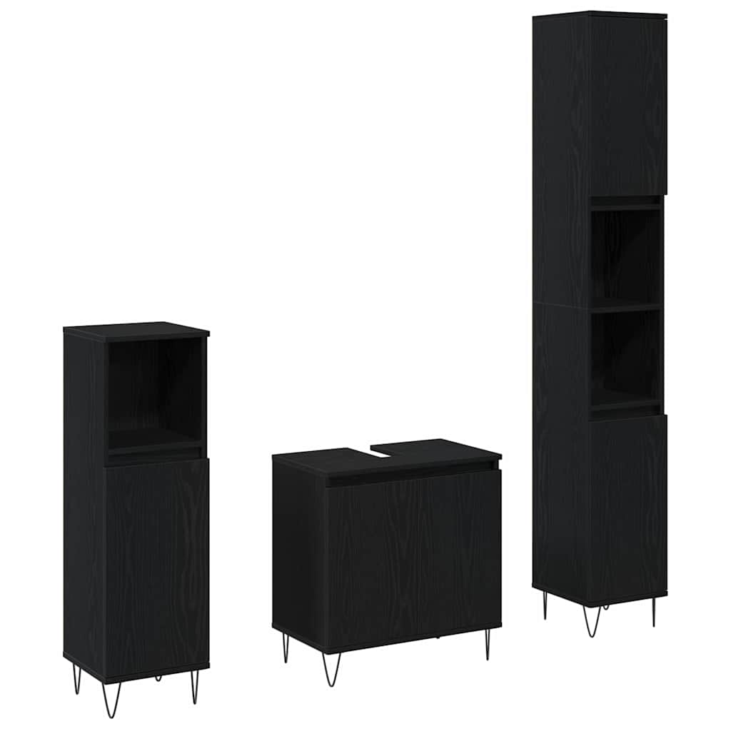 Set Mobili Bagno  3 Pezzi Rovere Nero Legno Ingegnerizzato 3333099