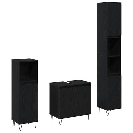 Set Mobili Bagno  3 Pezzi Rovere Nero Legno Ingegnerizzato 3333099