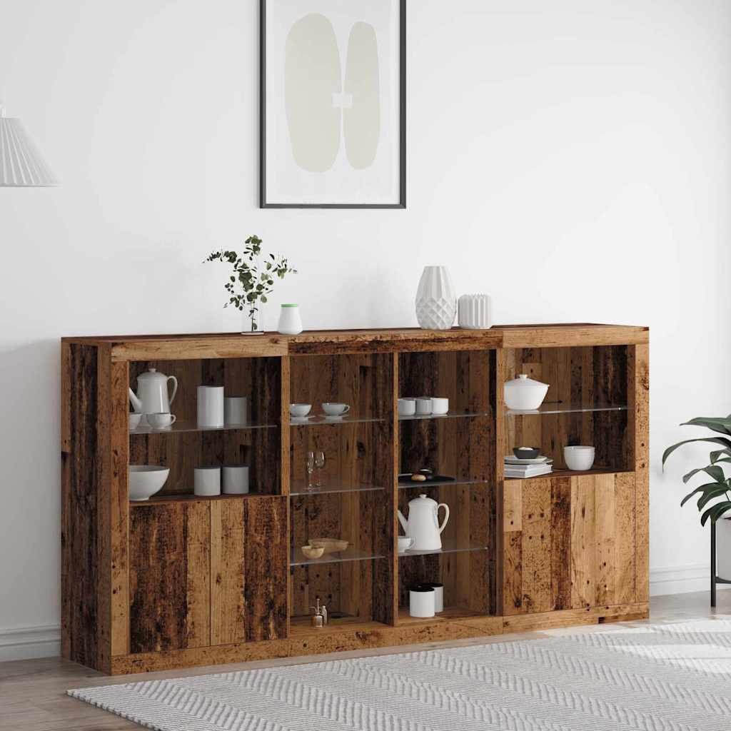 Credenza 3 pz-Set di 3 Buffet-Armadio da cucina Legno vecchio 202 x 37 x 100 cm