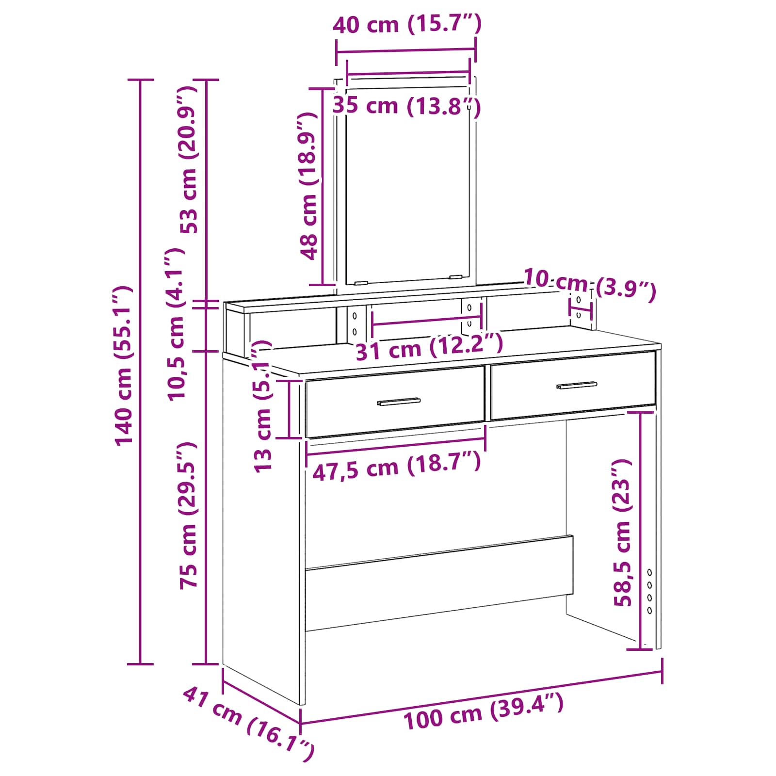 Tavolo da Trucco con cassetto Grigio cemento 100 x 41 x 140 cm 865148