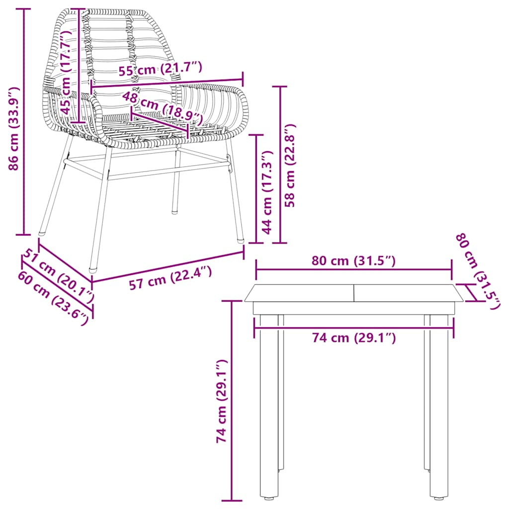 Set da Pranzo da Giardino 3 pz Marrone in Polyrattan Vetro 3334541
