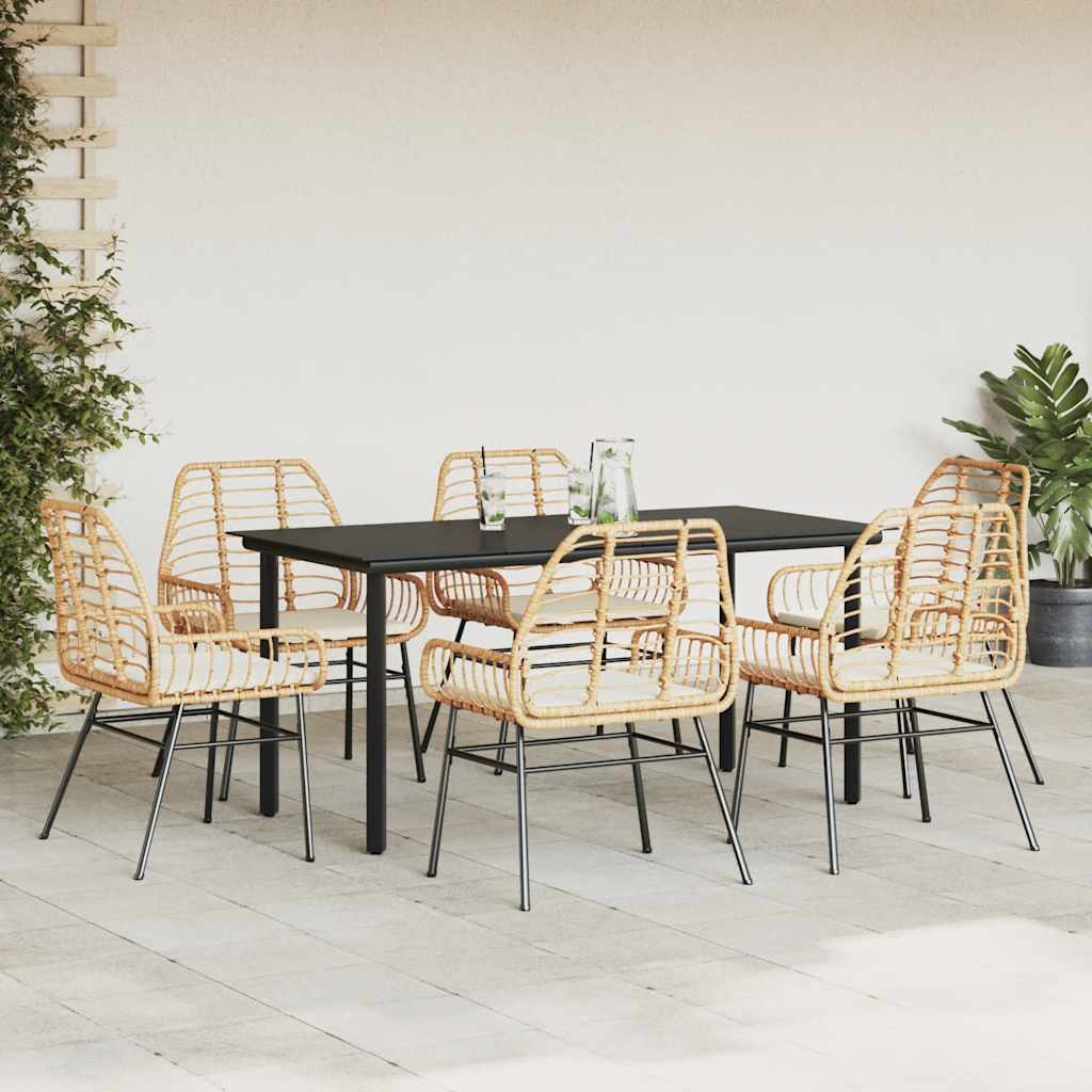 Set Pranzo da Giardino 7pz con Cuscini Marrone Polyrattan Vetro 3334559