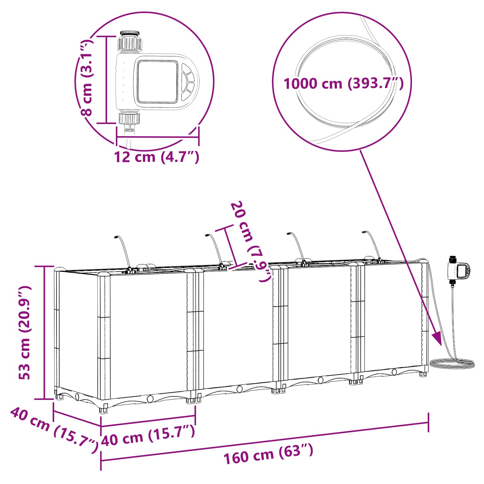 Vaso da giardino 4 pz-Set di 4 Fioriera da Esterno-Contenitore per Piante Nero 160 x 40 x 53 cm Acciaio