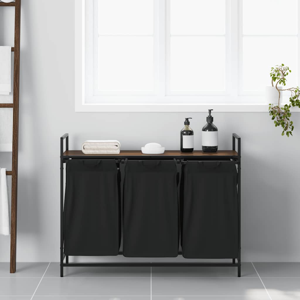 Cesto della Biancheria 3 Scomparti con Ripiano Rovere Marrone