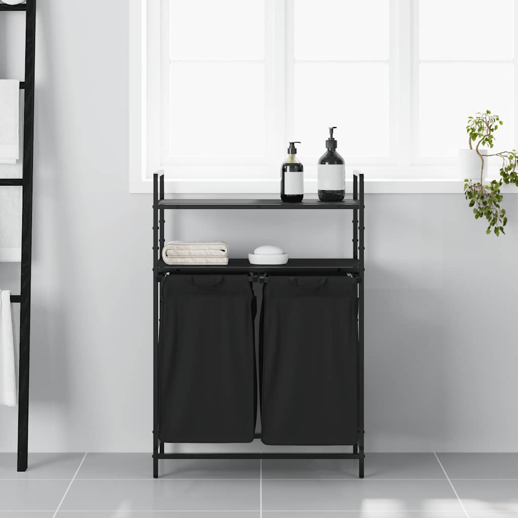 Cesto della Biancheria 2 Scomparti con Ripiani Rovere Nero 859085