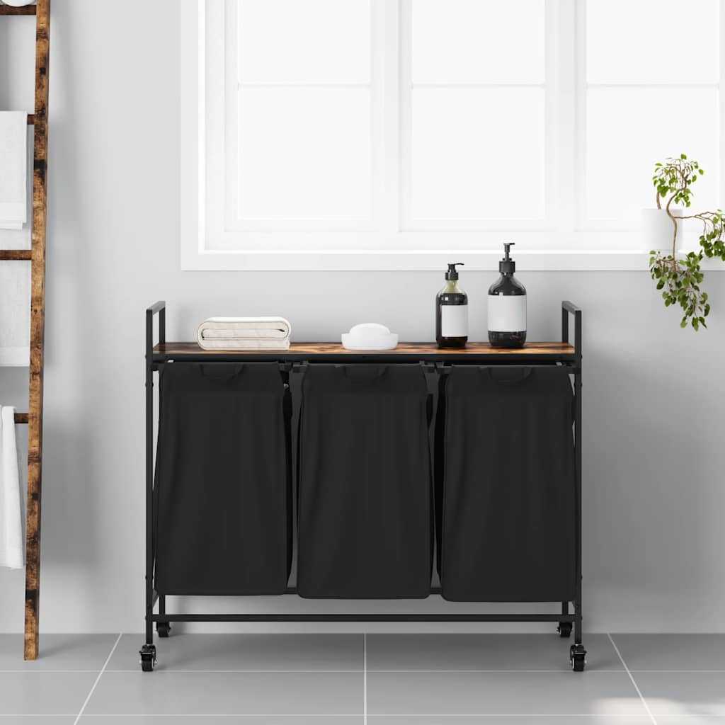 Cesto della Biancheria 3 Scomparti con Ruote Rovere Fumo 859092