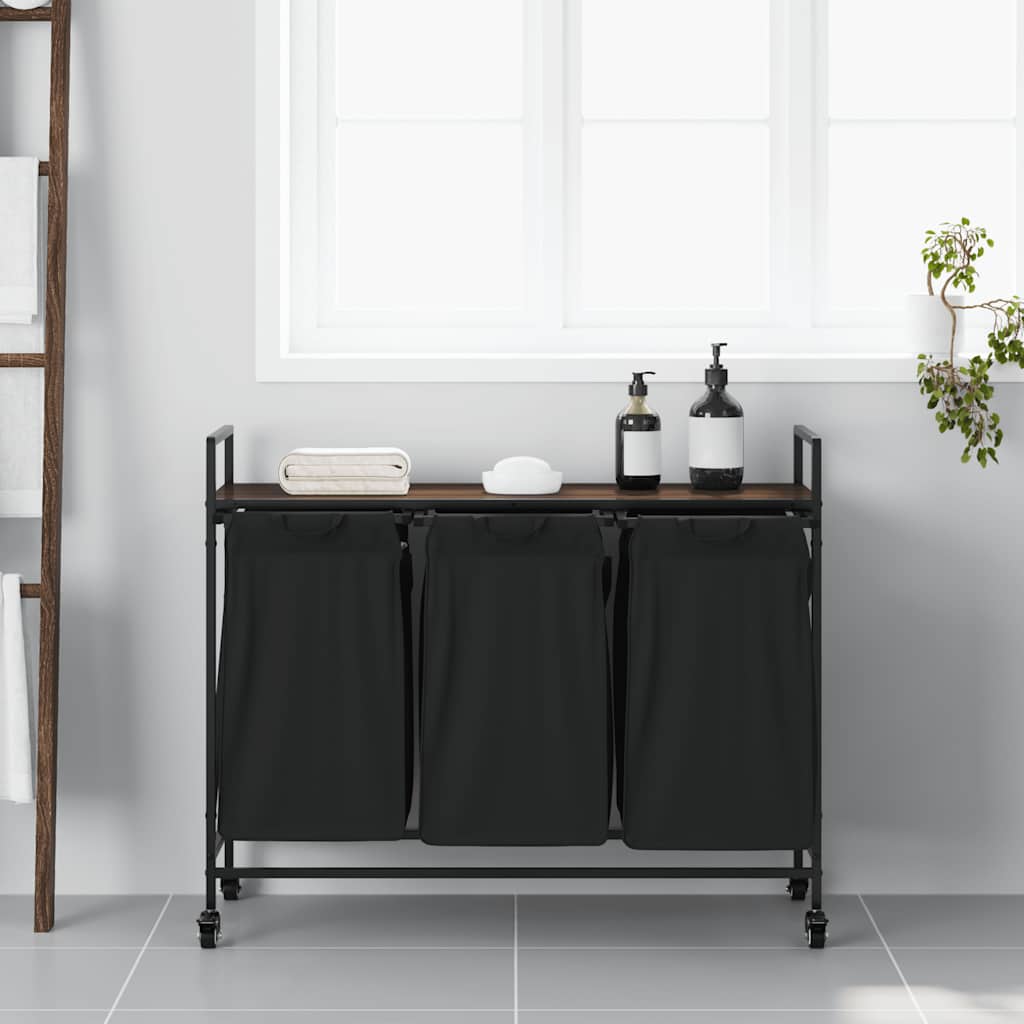 vidaXL Cesto della Biancheria 3 Scomparti con Ruote Rovere Marrone