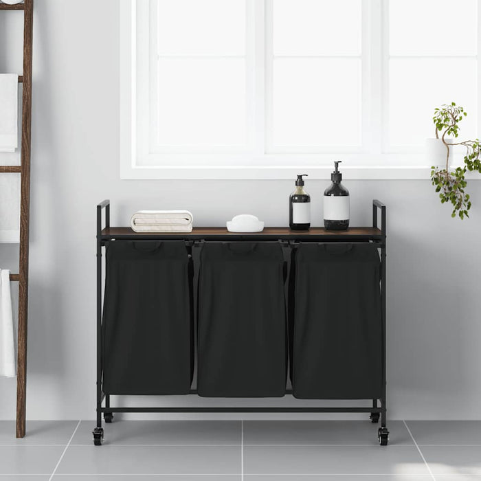 vidaXL Cesto della Biancheria 3 Scomparti con Ruote Rovere Marrone