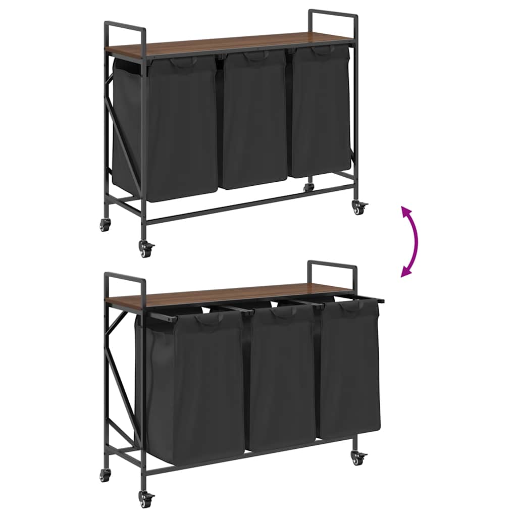 vidaXL Cesto della Biancheria 3 Scomparti con Ruote Rovere Marrone