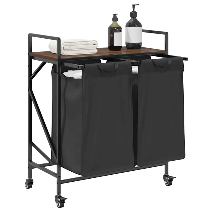 Cesto Portabiancheria 2 Scomparti con Ruote Rovere Marrone