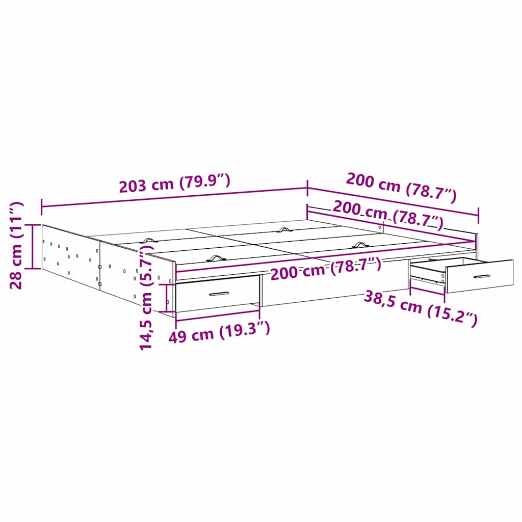 vidaXL Struttura letto con contenitore rovere artigianale 200 x 200 cm