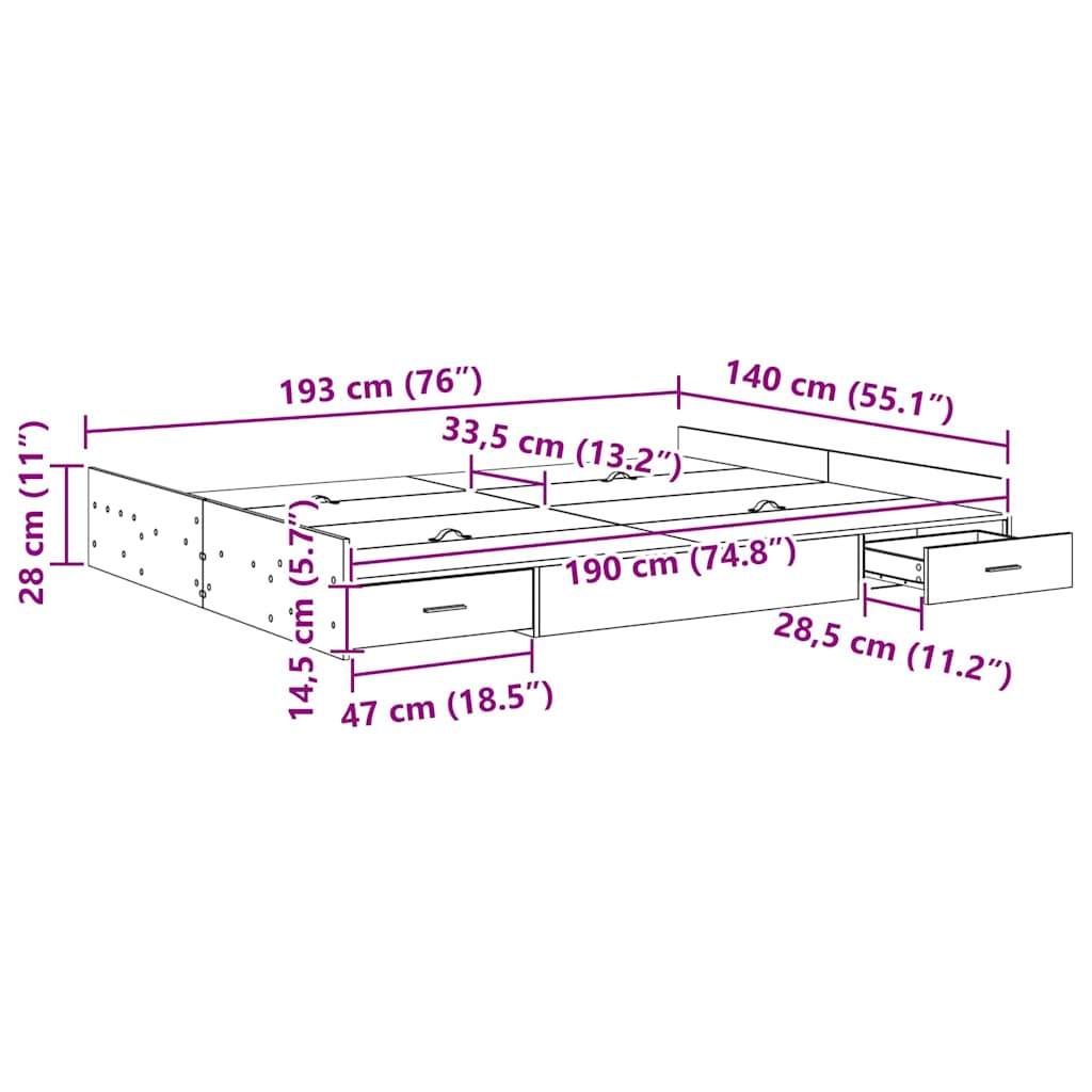 vidaXL Struttura letto con contenitore Rovere fumo 140 x 190 cm