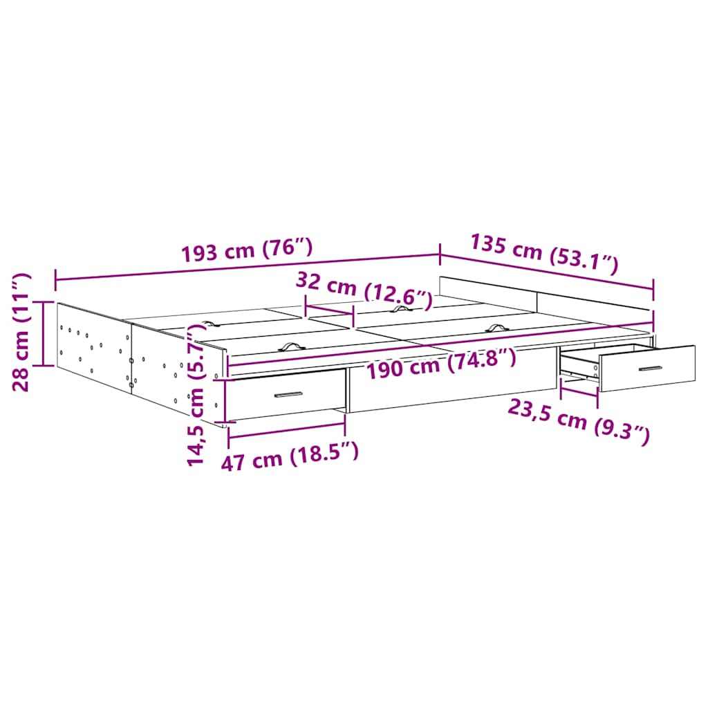 vidaXL Struttura letto con contenitore Rovere nero 135 x 190 cm