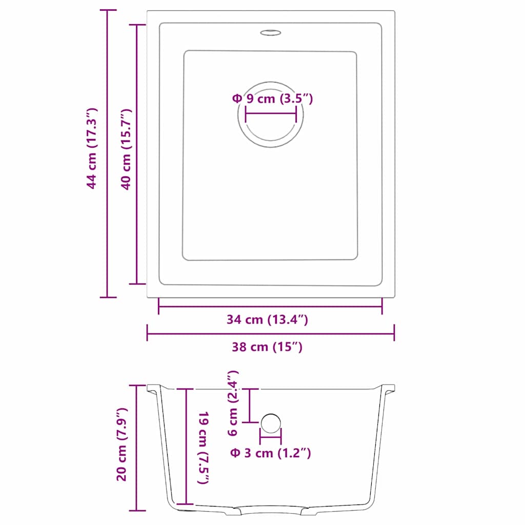 vidaXL Lavello da cucina Grigio 38 x 44 x 20 cm Granito
