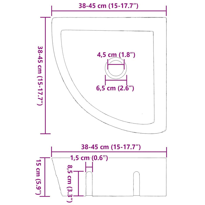 vidaXL Lavabo ad angolo sospeso Grigio (38-45) x (38-45) x 12 cm