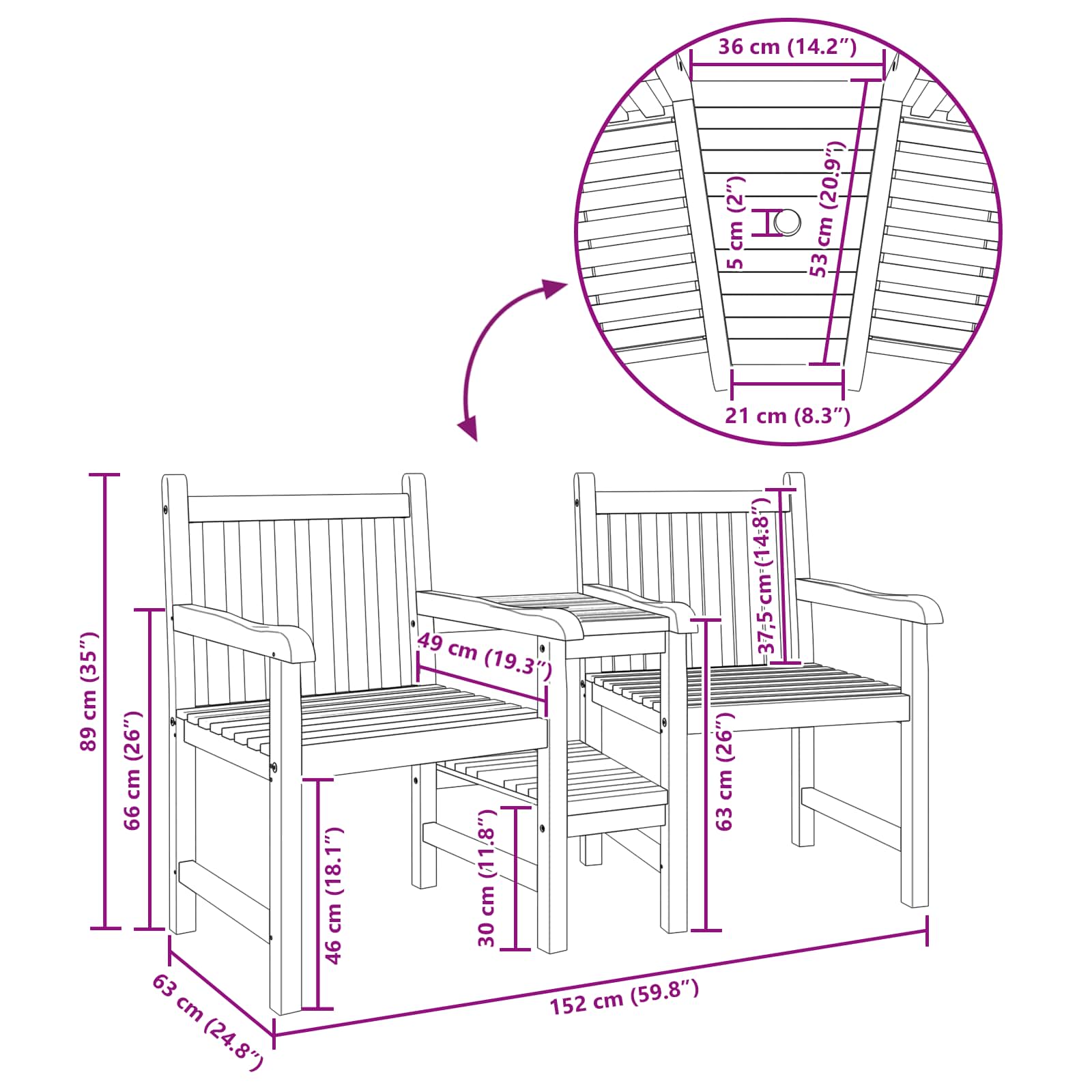 Sedie da Esterno Marrone 152 x 63 x 89 cm 42001957