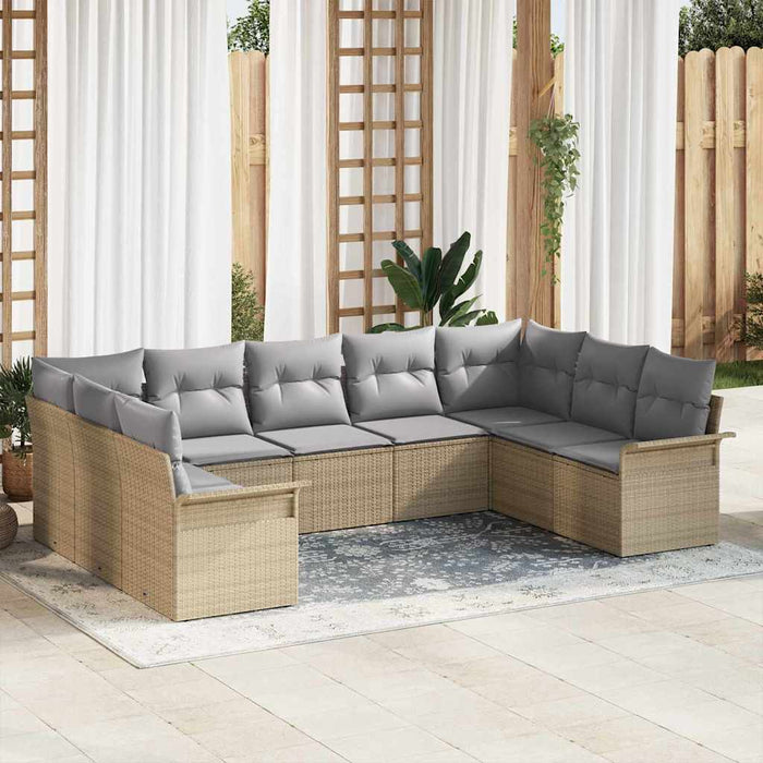 Set di divani da giardino in 9 pezzi con cuscini vitaXL, rattan sintetico beige 3345520