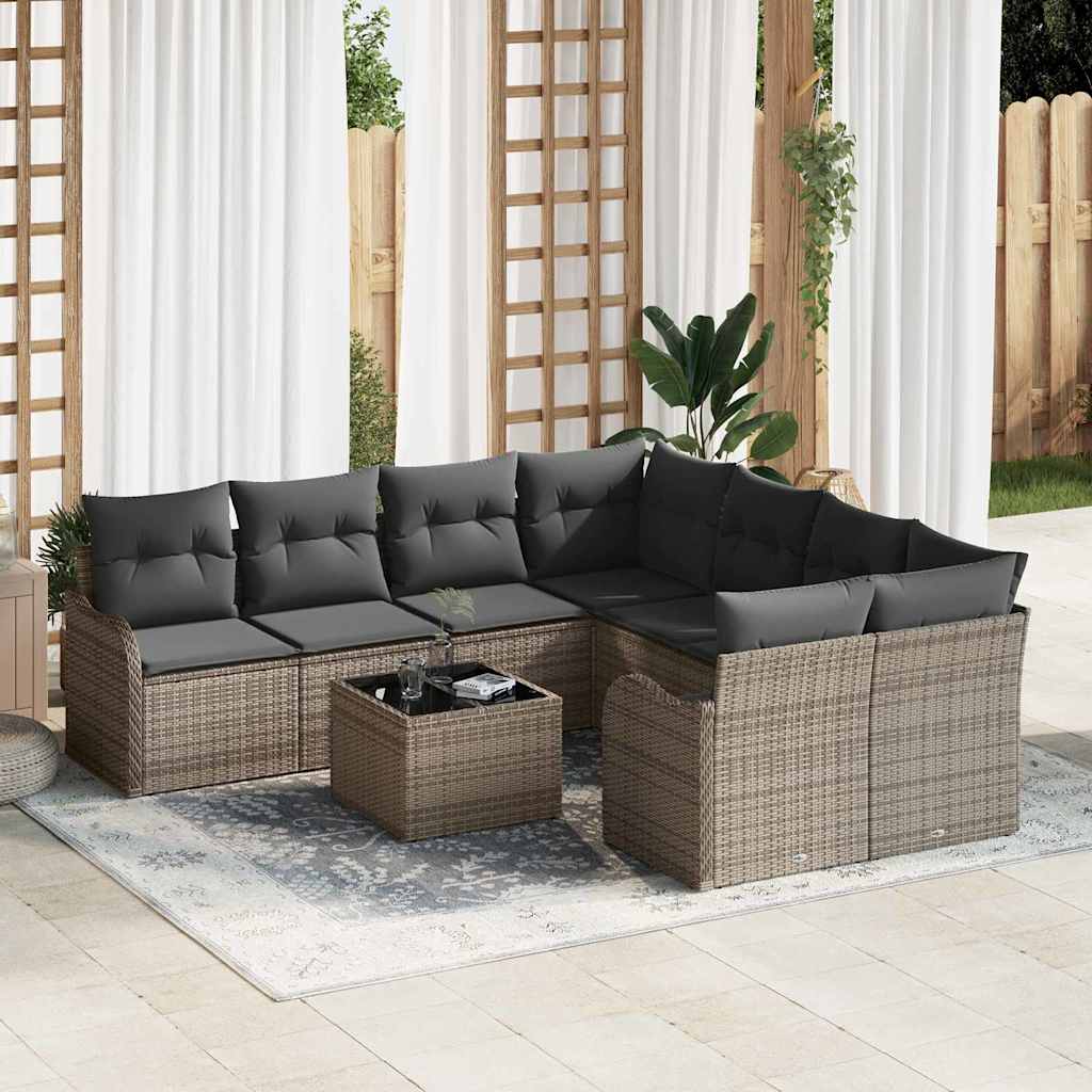 Set Divano da Giardino  9 Pezzi con Cuscini Grigio Polyrattan 3345639