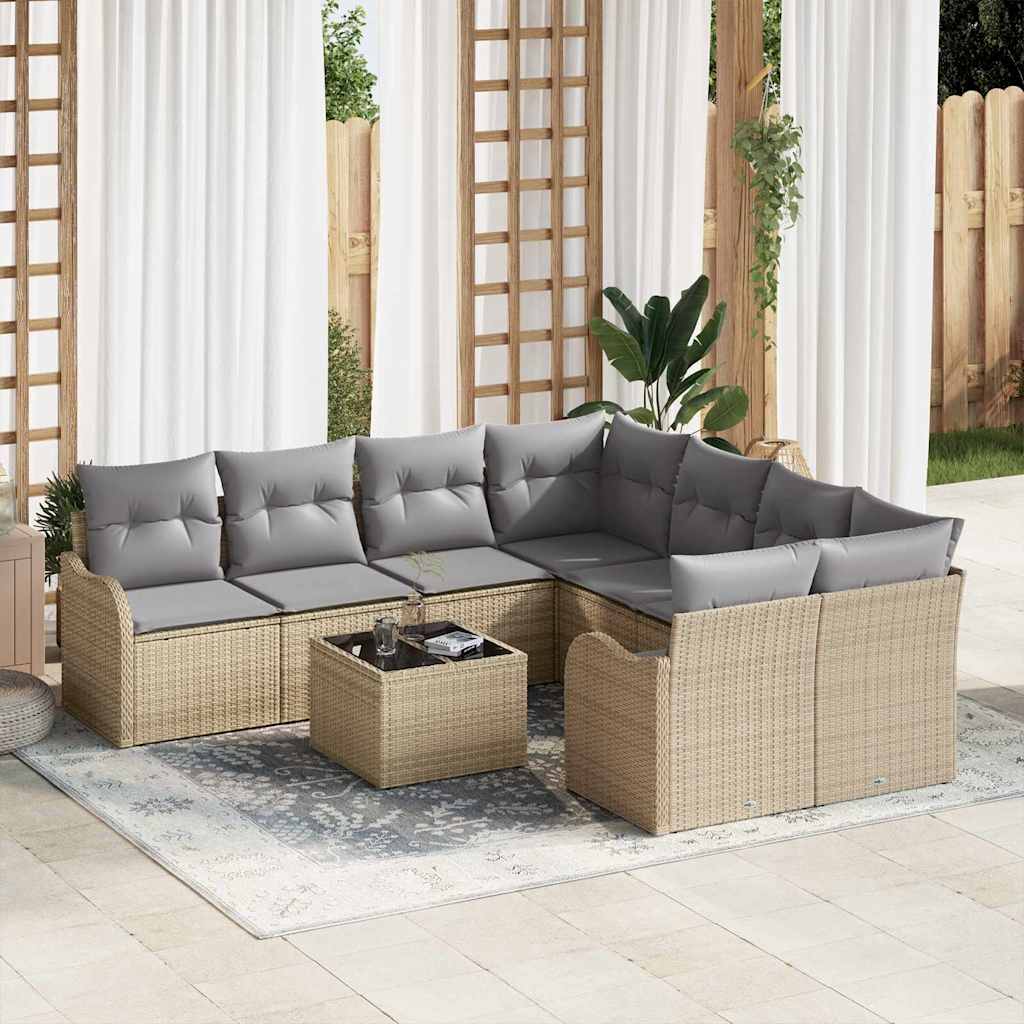 Set Divano da Giardino 9 Pezzi con Cuscini Beige Polyrattan 3345640