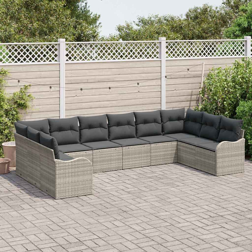 Set Divano da Giardino  10 Pezzi con Cuscini in Rattan e Poliestere Grigio Chiaro 3345882