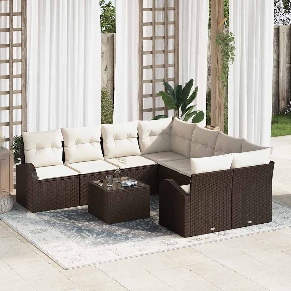 Set di divano da giardino in 9 pezzi con cuscini in rattan sintetico marrone 3345978