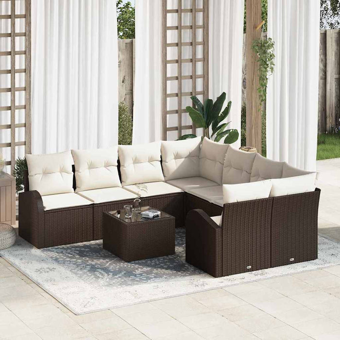 Set di divano da giardino in 9 pezzi con cuscini in rattan sintetico marrone 3345978