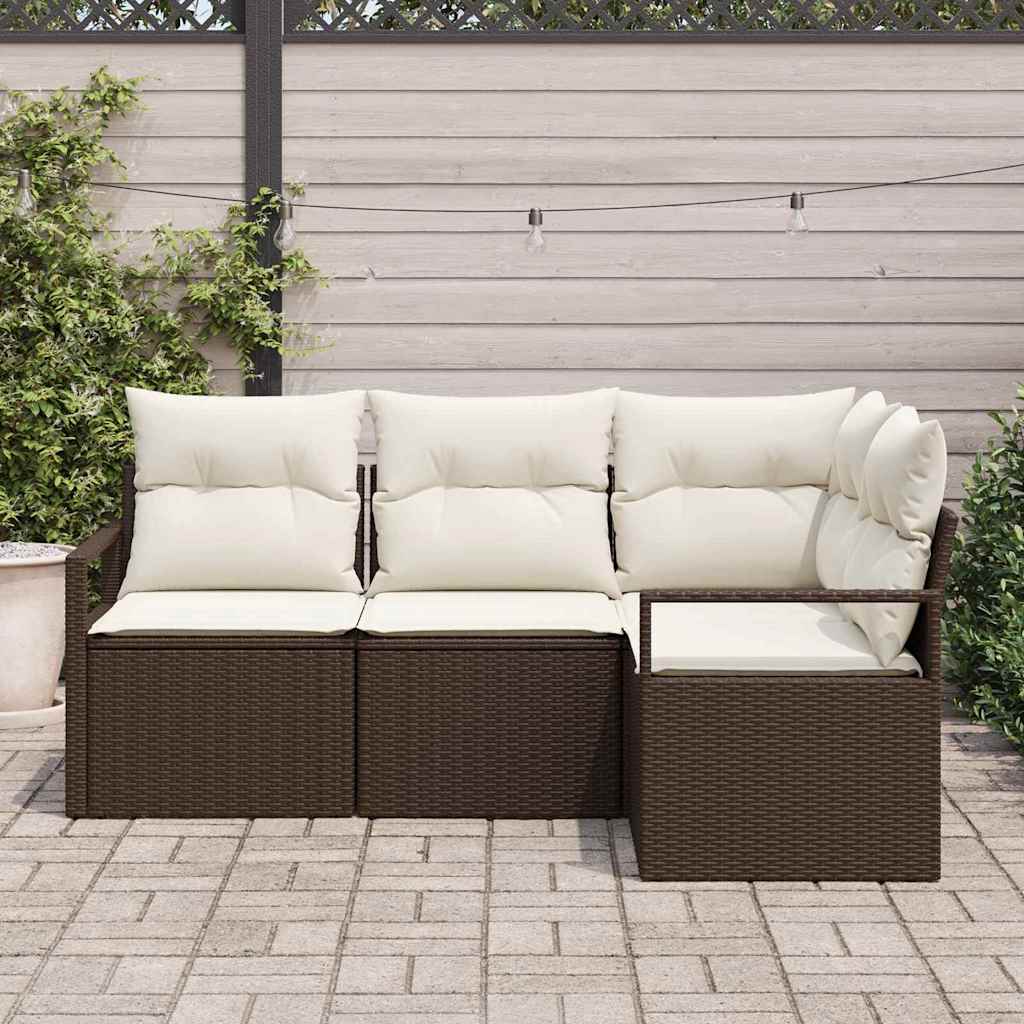 Set da giardino con divano in rattan sintetico marrone, 4 pezzi e cuscini 3346358