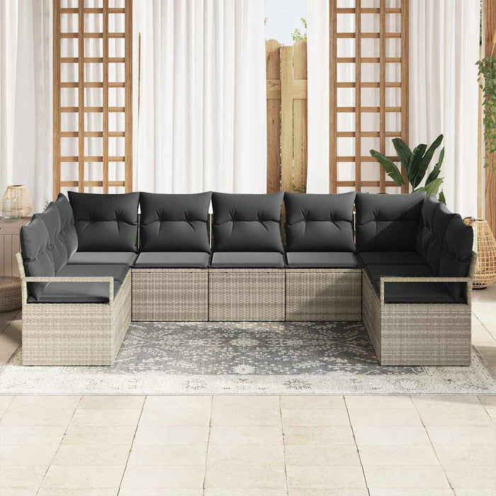 Set di divano da giardino 9 pezzi con cuscini grigio chiaro in polirattan 3346542