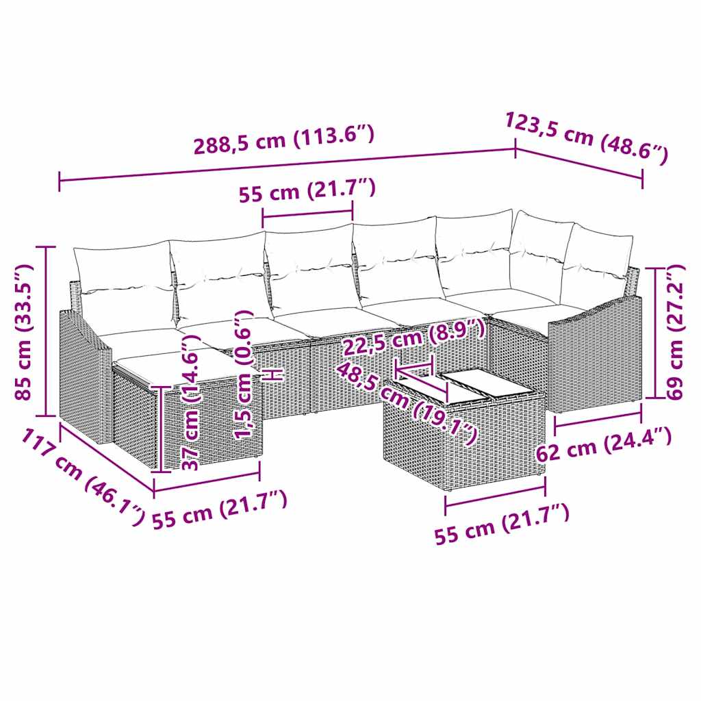 Set Divano da Giardino 8 pcs Marrone Poly Rattan 3346818