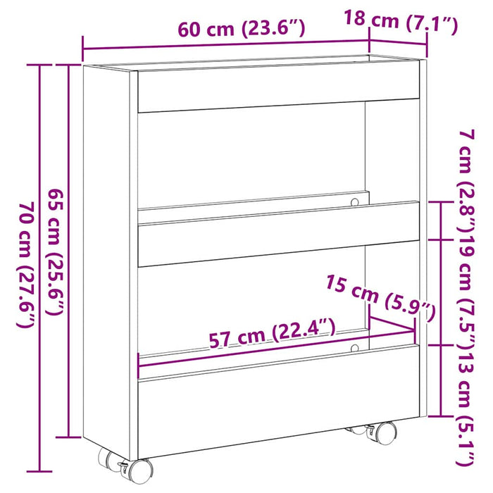 vidaXL Carrello di Stoccaggio Stretto Rovere Nero 60 x 18 x 70 cm