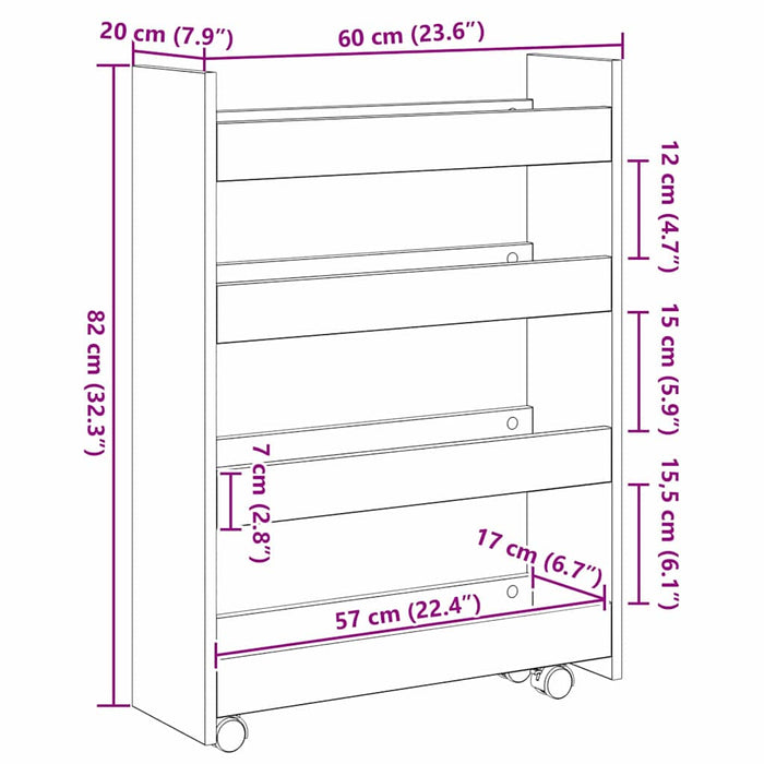 vidaXL Carrello di Stoccaggio Stretto Rovere Nero 60 x 20 x 82 cm