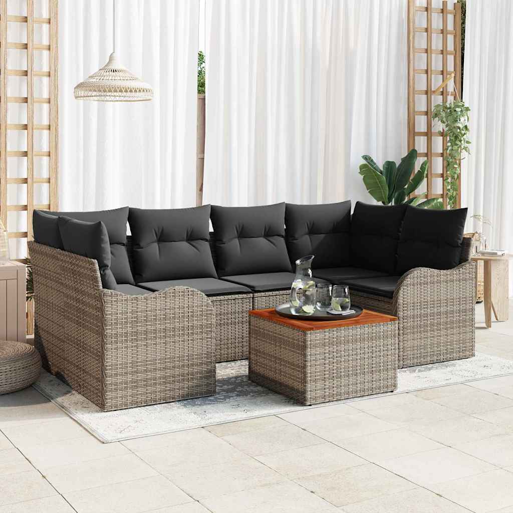 Set di divani da giardino 7 pezzi  con cuscini grigi in polyrattan e acacia 3347405