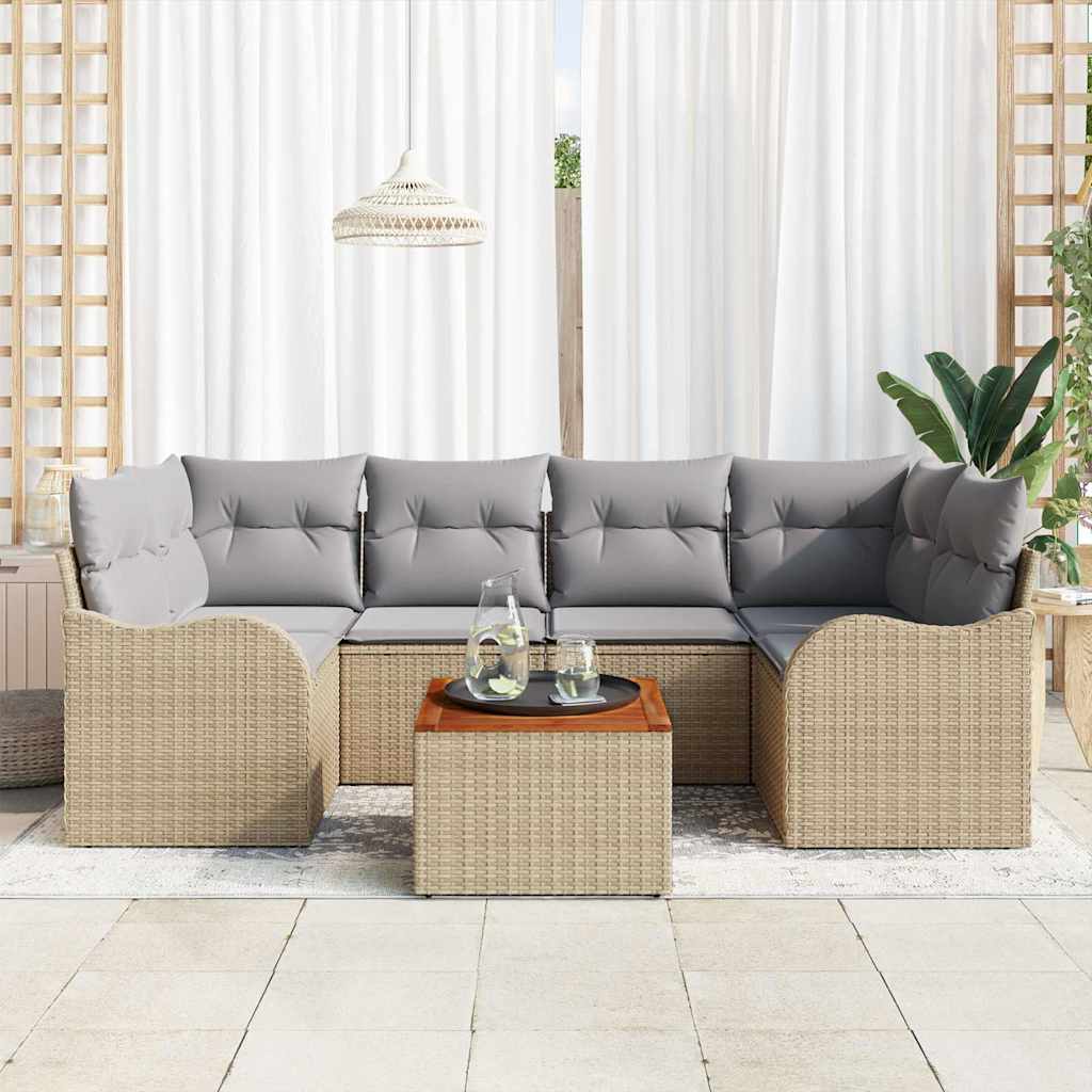 Set di divani da giardino 7 pezzi  con cuscini in rattan sintetico beige e acacia. 3347406