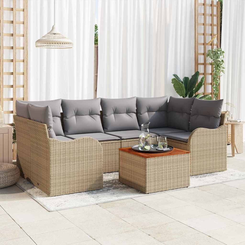 Set di divani da giardino 7 pezzi  con cuscini in rattan sintetico beige e acacia. 3347406