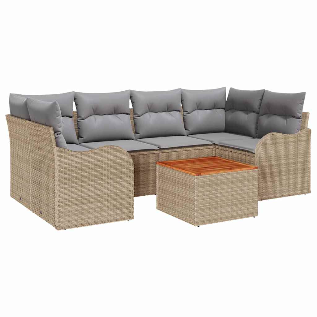 Set di divani da giardino 7 pezzi  con cuscini in rattan sintetico beige e acacia. 3347406