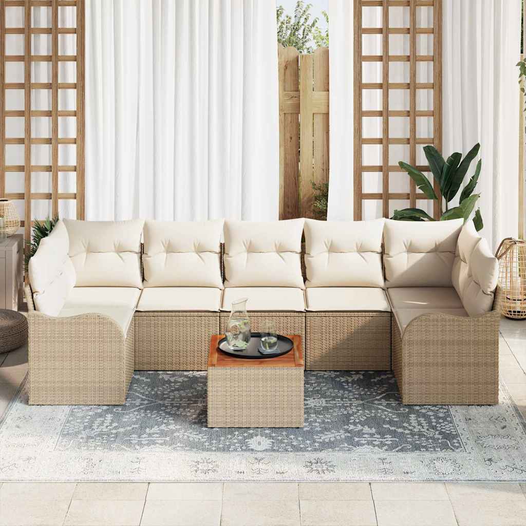 Set di divani da giardino 8 pezzi  con cuscini, in rattan sintetico beige e acacia. 3347421