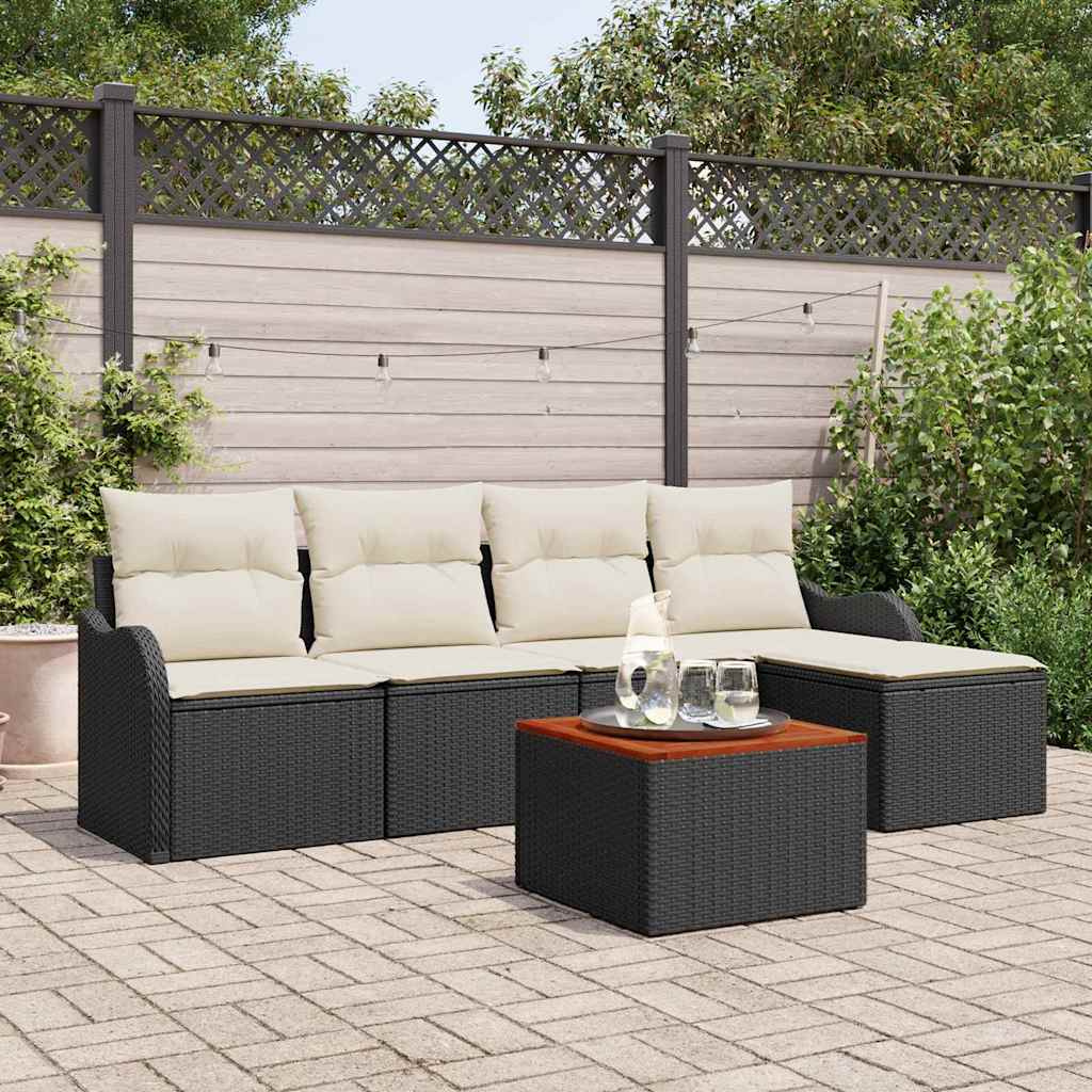 Set divano da giardino 6 pezzi con cuscini in rattan nero e acacia. 3347439