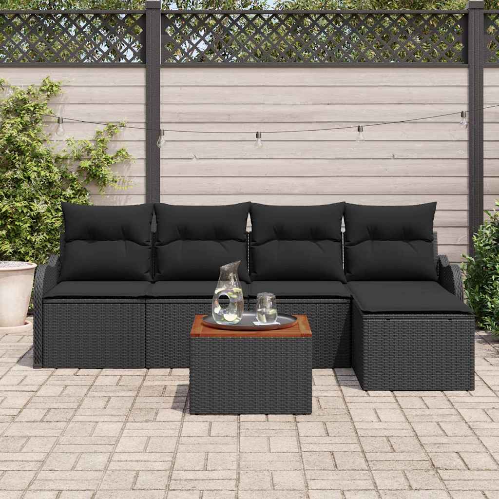 Set da Giardino  6 Pezzi con Cuscini in Rattan Sintetico Nero e Acacia. 3347443
